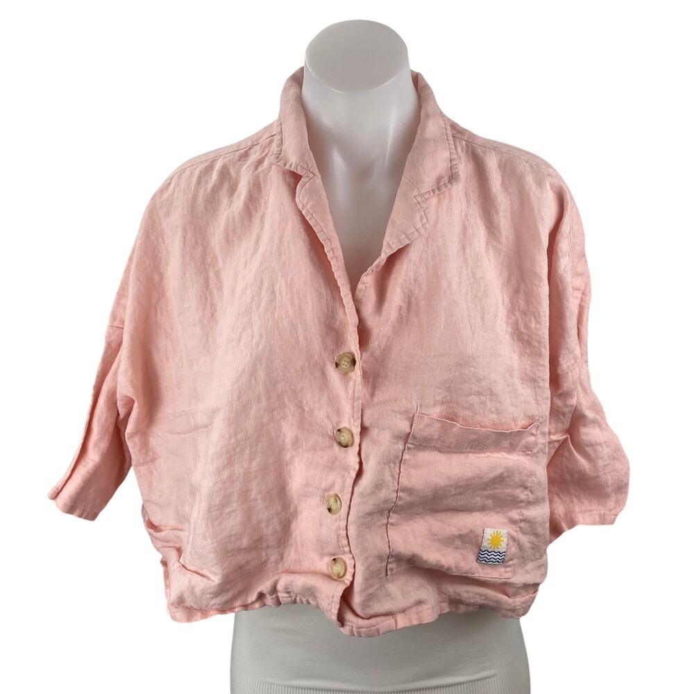 L.F. Markey Women's Pink Coral Half Sleeve Button Down Cropped Shirt Top S/M